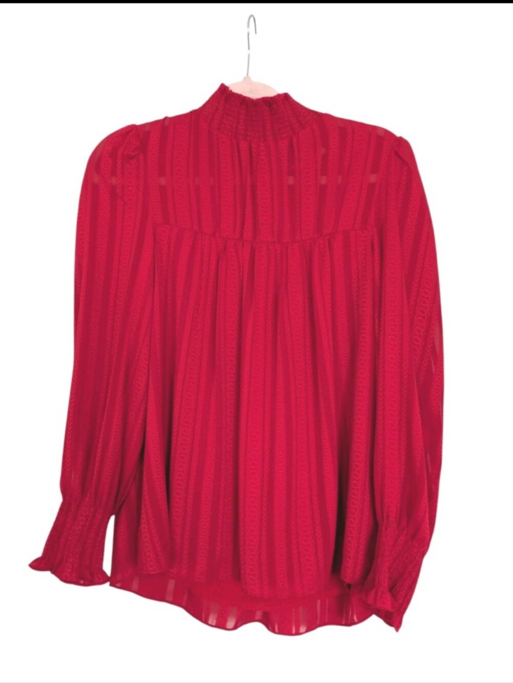Jade Melody Tam Red Blouse High Neck Smocked Cuff Womens Size XS